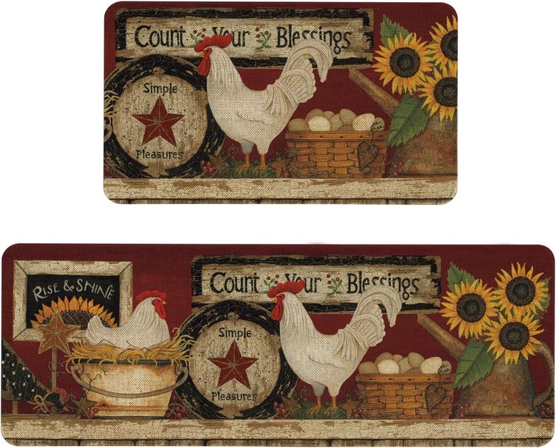 Roszwtit Farmhouse Kitchen Rugs and Mats Set of 2 Farm Rooster Kitchen Mat Seasonal Holiday Cooking Sets Washable NonSlip Floor Mats for Home Kitchen Decor  17x29 and 17x47 Inch - Image 1