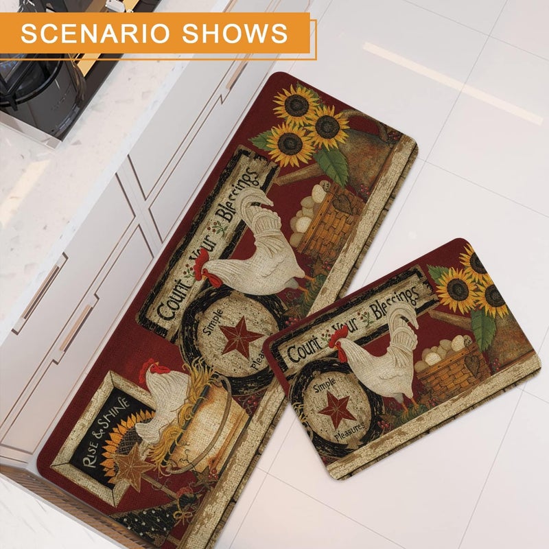 Roszwtit Farmhouse Kitchen Rugs and Mats Set of 2 Farm Rooster Kitchen Mat Seasonal Holiday Cooking Sets Washable NonSlip Floor Mats for Home Kitchen Decor  17x29 and 17x47 Inch - Image 2