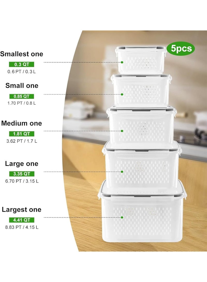 5 PCS Large Fruit Containers for Fridge - Leakproof Food Storage Containers with Removable Colander - Dishwasher & microwave safe Produce Containers Keep Fruits, Vegetables, Berry, Meat Fresh longer - Image 3