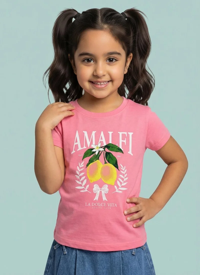 نوتيناتي Nautinati Girls' 100% Cotton Crew Neck Amalfi Varsity Placement Print T-shirt