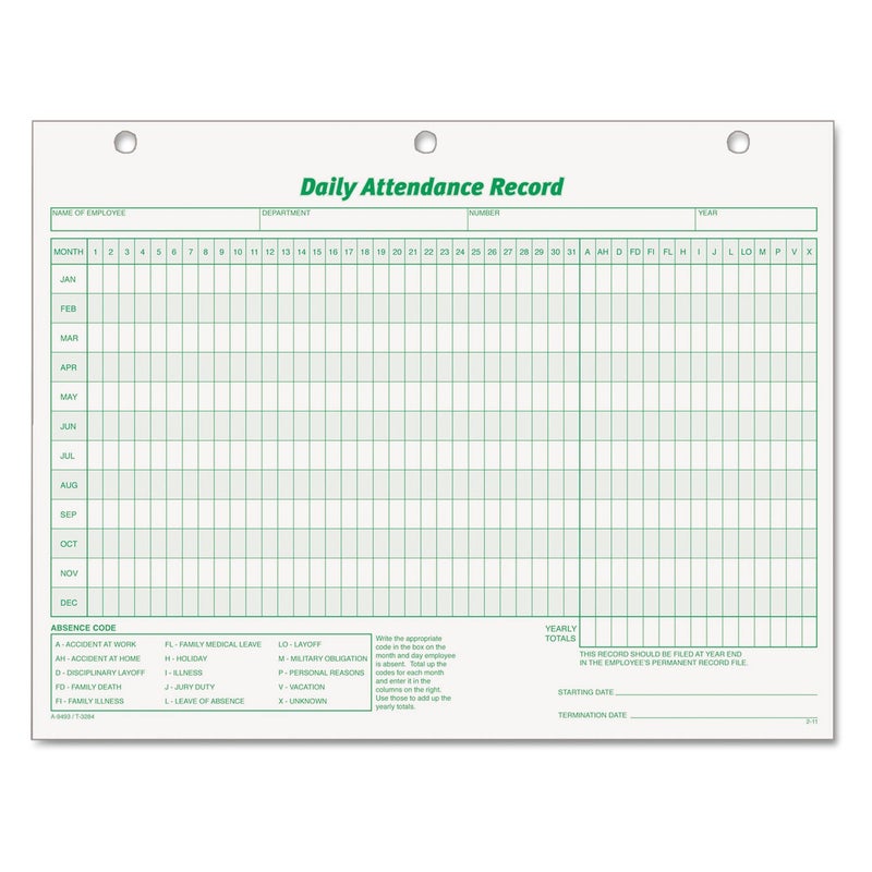 TOPS 3284 Daily Attendance Card 8 12 x 11 Green White Pack of 50 Forms