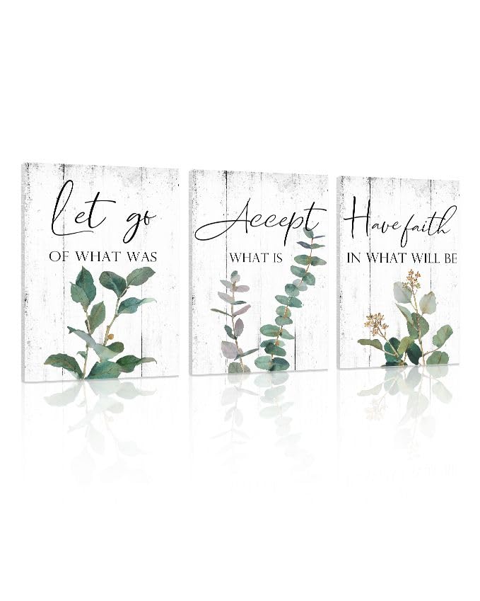 1 KINGO Inspirational Quotes Office Wall Art: Let Go Accept Have Faith 3 Piece Motivational Posters Boho Eucalyptus Picture Print Home Decor for Bedroom Bathroom 12x16"" - Image 1