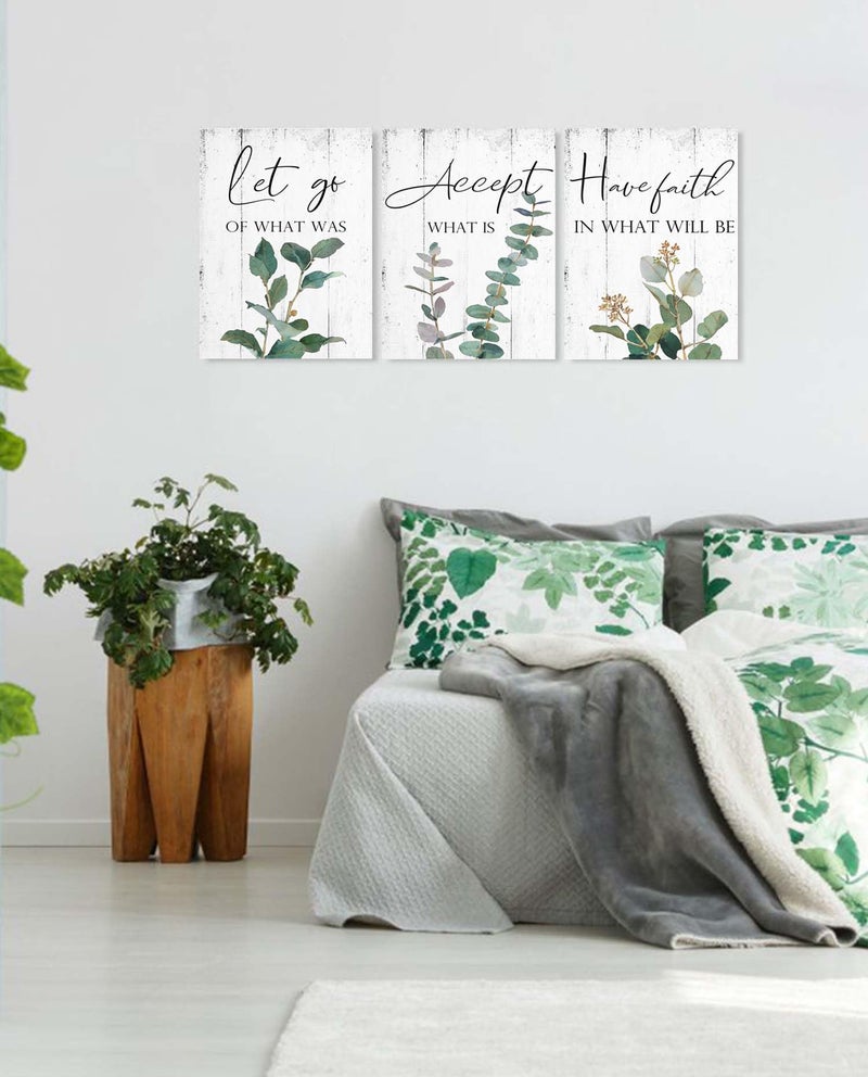 1 KINGO Inspirational Quotes Office Wall Art: Let Go Accept Have Faith 3 Piece Motivational Posters Boho Eucalyptus Picture Print Home Decor for Bedroom Bathroom 12x16"" - Image 2