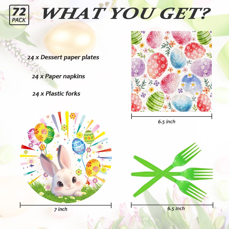 LYFREE 72 Pcs Easter Paper Plates 7in Disposable Bunny Dessert Plates Napkins and Forks Easter Party Tableware Set Decoration Supplies for Spring Birthday Baby Shower Party  Serve 24 - Image 1