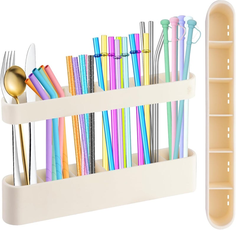 Aurdeayi 9.6'' Large Straw Holder for Cabinet Door, Soft Silicone Straw Organizer Storage Container, Space-Saving Reusable Straws Dispenser, Kitchen Organizer Accessories for Cabinet Cupboard Counter RVs - Image 1