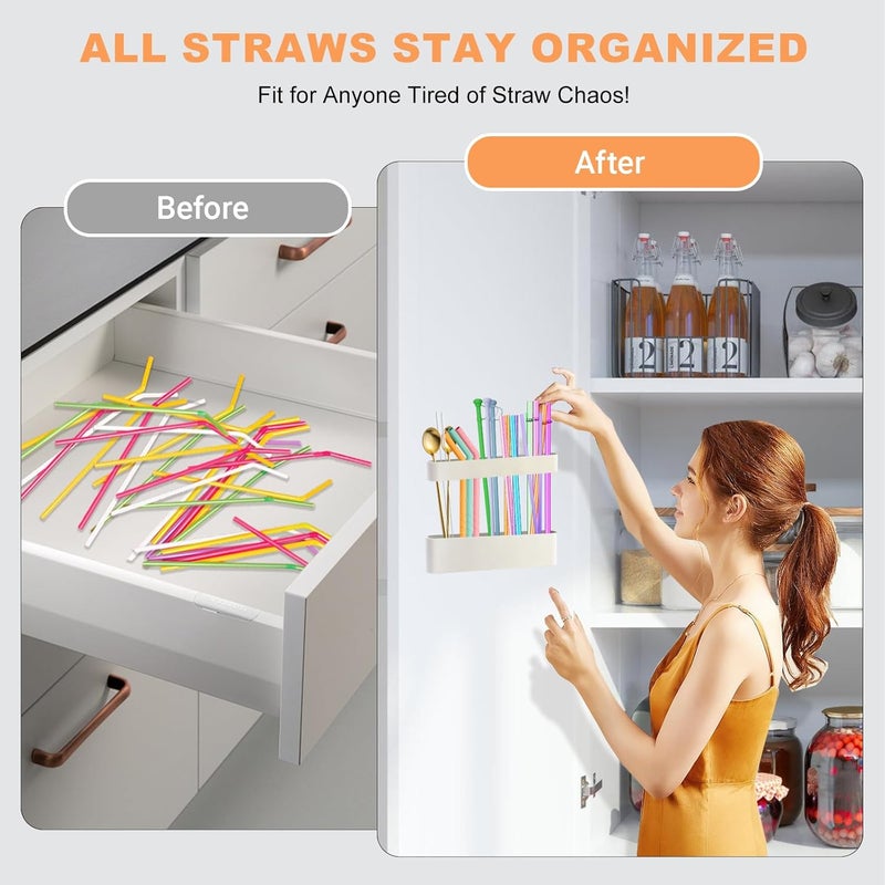 Aurdeayi 9.6'' Large Straw Holder for Cabinet Door, Soft Silicone Straw Organizer Storage Container, Space-Saving Reusable Straws Dispenser, Kitchen Organizer Accessories for Cabinet Cupboard Counter RVs - Image 2