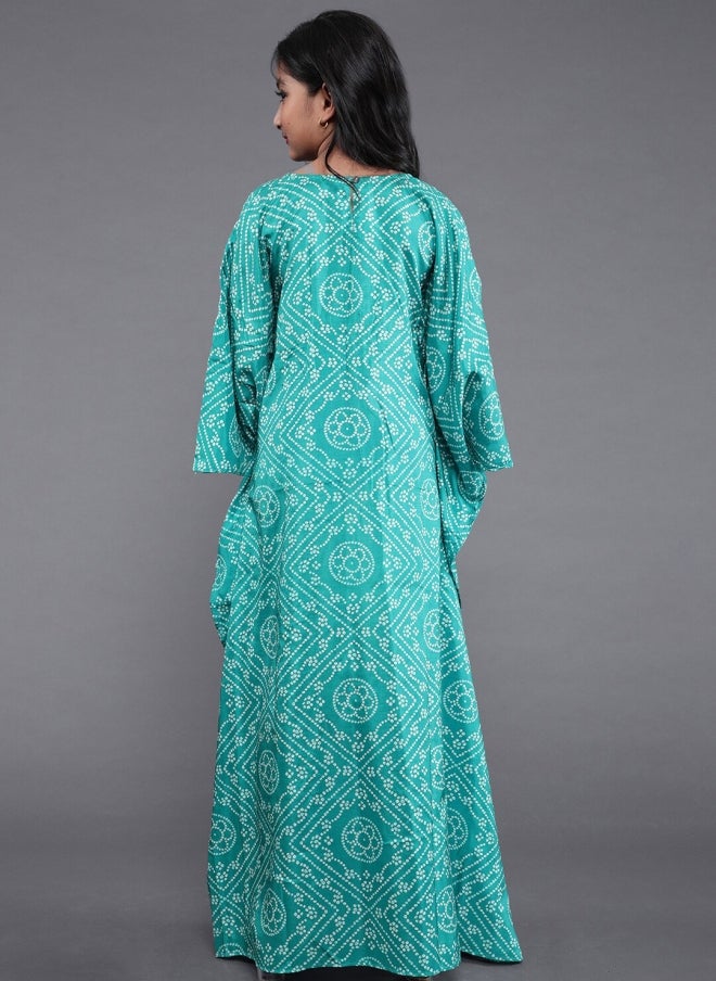 أيه كيه إس فستان قفطان بنقوش عرقية خضراء للبنات - Image 4