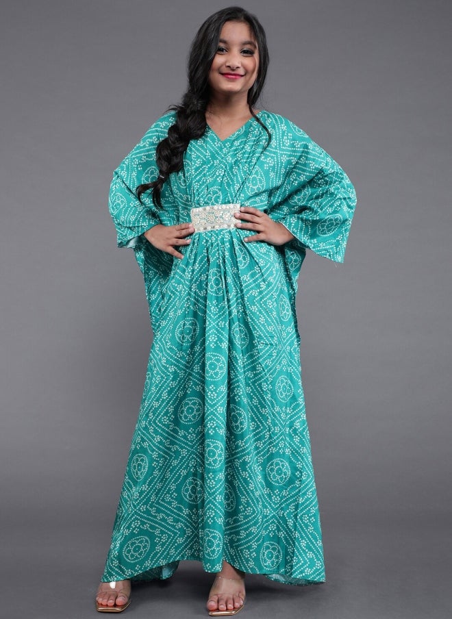 أيه كيه إس فستان قفطان بنقوش عرقية خضراء للبنات - Image 5