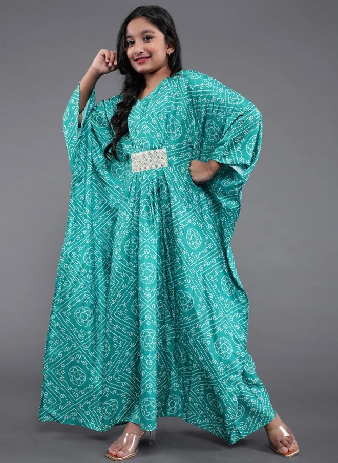 أيه كيه إس Green Ethnic Motifs Kaftan Dress for Girls