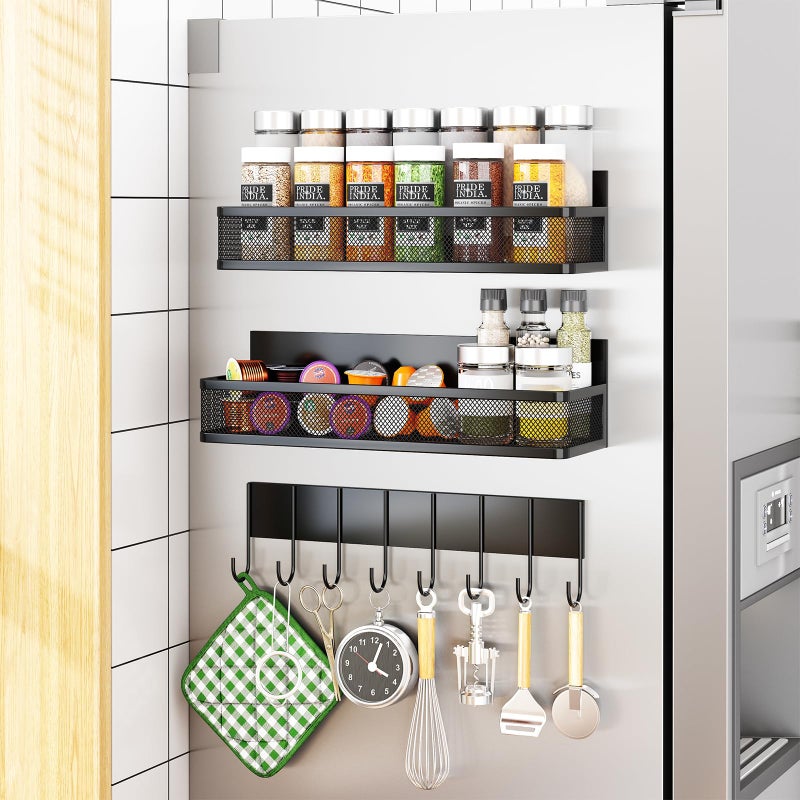 Aufworld Magnetic Spice Rack for Refrigerator, 3 Pack Magnetic Shelf, Moveable Fridge Organizer with 8-Hook Rack, Seasoning Organizer for Kitchen - Image 1