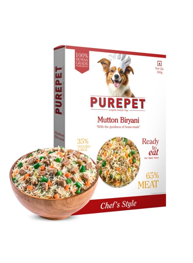 Purepet Fresh Dog Food 300g | Mutton Biryani for Adults & Puppies | High Protein, 65% Real Meat, 35% Veggies & Rice | No Preservatives | Ready to Serve | All Breeds | Single Meal Pack - Image 1