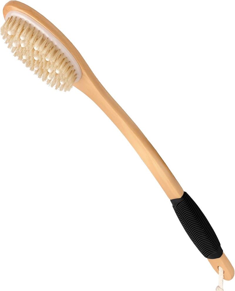 OWIIZI Bath Brush Wooden Curved Long Handle Antiskid Body Shower Brush for Exfoliating Natural Bristle Back Scrubber for Shower Use Wet or Dry