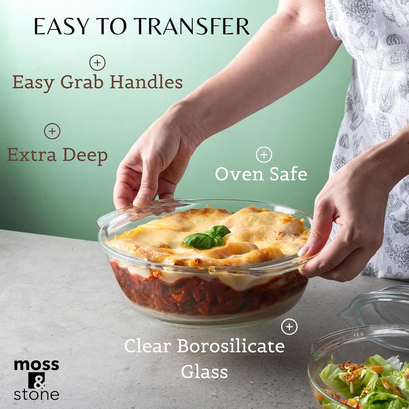 Moss & Stone 6-Piece Clear Glass Casserole Dishes for Oven With Lids, Durable Tempered Borosilicate Glass Bakeware Set, Microwave Safe, 3 Round Sizes for Cooking, Serving & Storage - Image 3