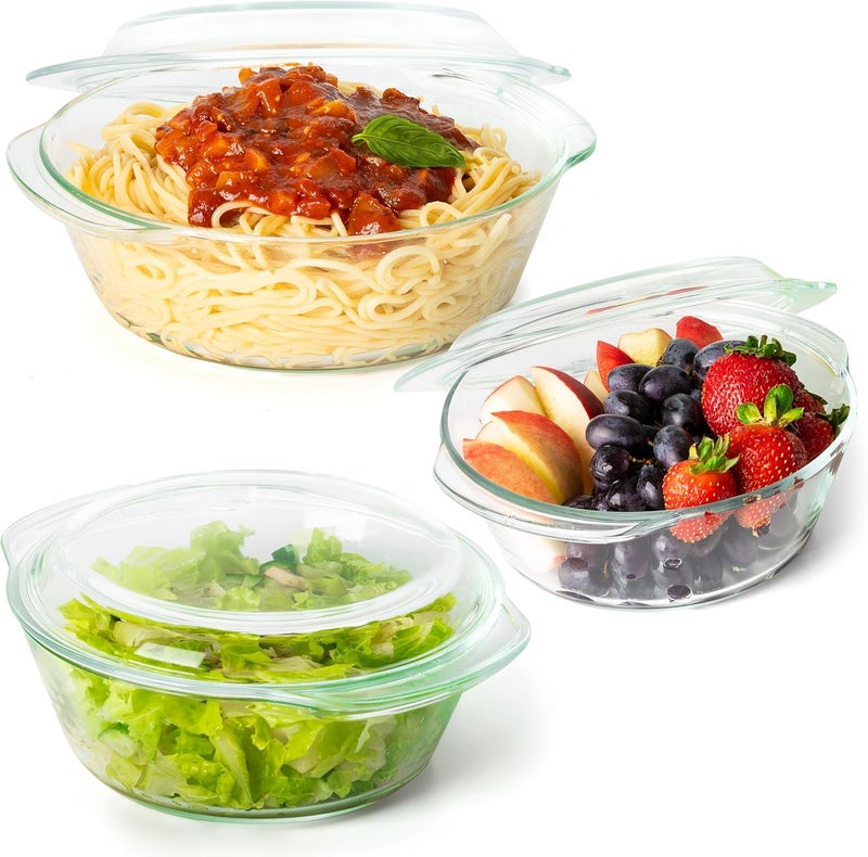 Moss & Stone 6-Piece Clear Glass Casserole Dishes for Oven With Lids, Durable Tempered Borosilicate Glass Bakeware Set, Microwave Safe, 3 Round Sizes for Cooking, Serving & Storage - Image 1