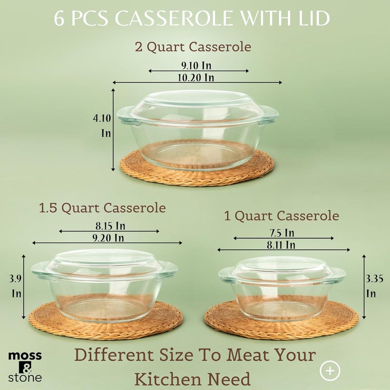 Moss & Stone 6-Piece Clear Glass Casserole Dishes for Oven With Lids, Durable Tempered Borosilicate Glass Bakeware Set, Microwave Safe, 3 Round Sizes for Cooking, Serving & Storage - Image 2
