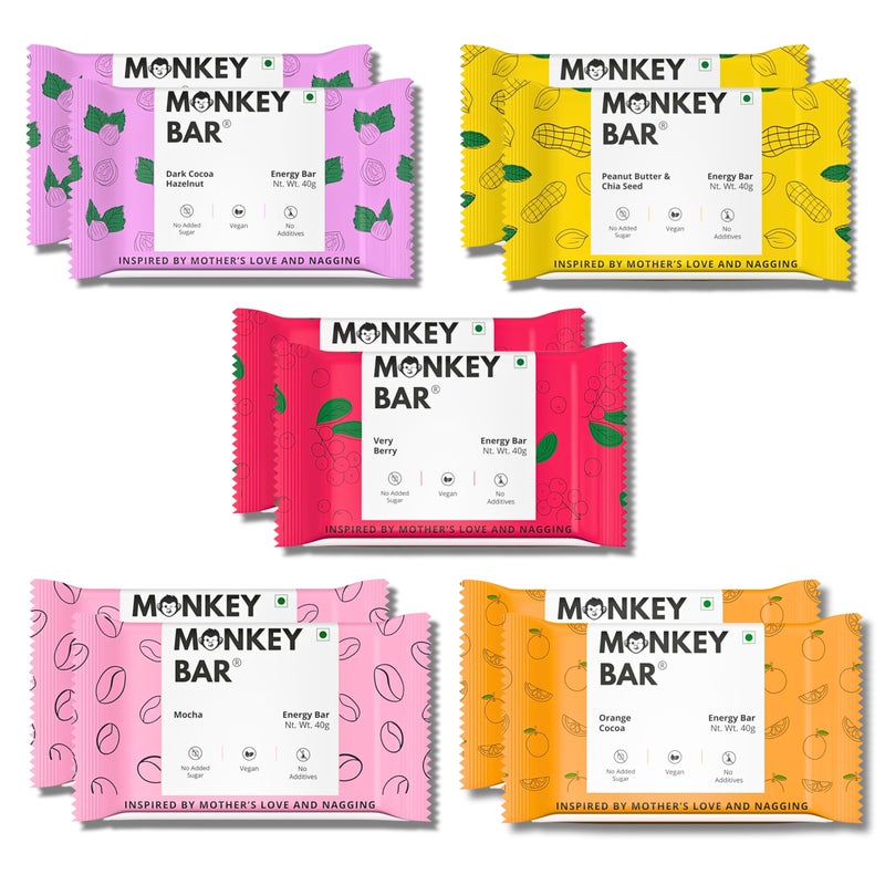 Monkey Bar بار القرد - بار الطاقة المتنوعة - 10 بار، 40 جرام لكل منها، فقط 4-6 مكونات نباتية، وجبة خفيفة صحية ونظيفة غنية بالبروتين، بدون سكر مضاف، خالي من الألبان، بدون محليات صناعية، نباتي - 400 جرام - Image 1
