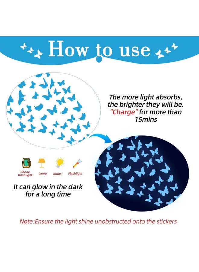 Sondeng Glow in The Dark Butterfly Wall Decals, Glowing Blue Butterfly Wall Stickers, 4 Sheets of Irregular Shaped Glossy Vinyl Stickers for Kids Bedroom, Living Room Wall Decor - Image 2