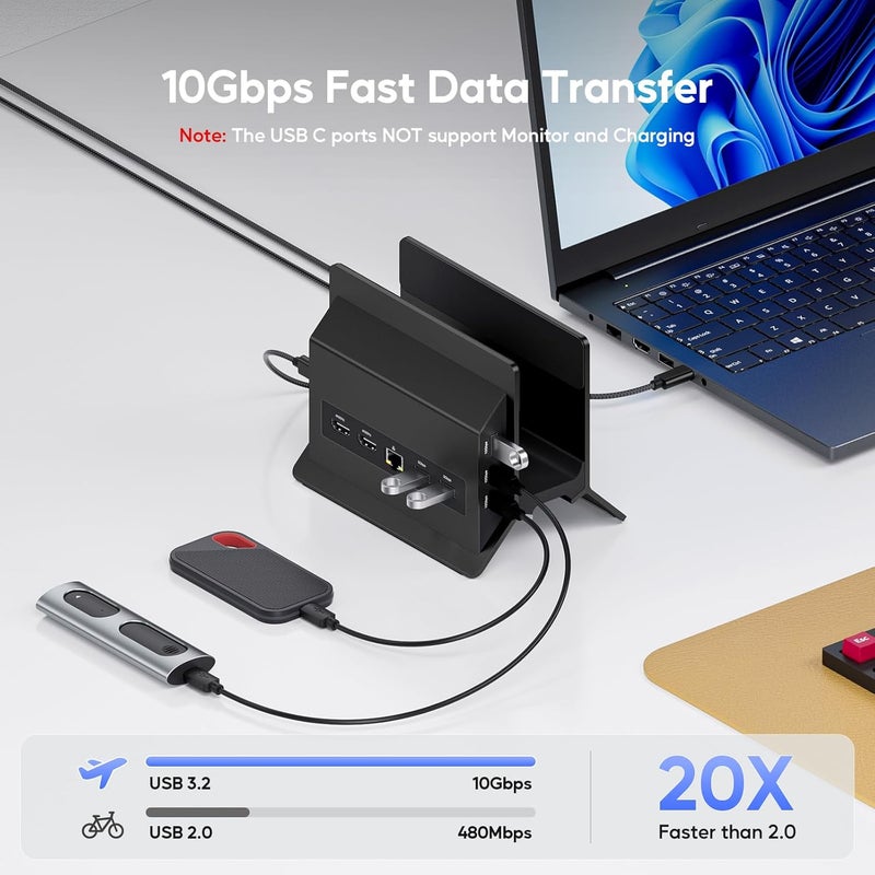 PULWTOP محطة إرساء لابتوب USB C مع شاشة مزدوجة، قاعدة رأسية 11 في 1 مع 2 HDMI 4K، 3 USB A/C 10Gbps، 2 USB-A 5Gbps، USB A 2.0، إيثرنت، حامل محطة إرساء لأجهزة لابتوب Type-C (أسود) - Image 5