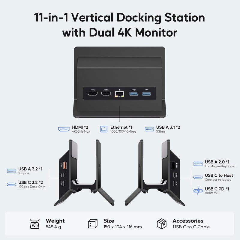PULWTOP محطة إرساء لابتوب USB C مع شاشة مزدوجة، قاعدة رأسية 11 في 1 مع 2 HDMI 4K، 3 USB A/C 10Gbps، 2 USB-A 5Gbps، USB A 2.0، إيثرنت، حامل محطة إرساء لأجهزة لابتوب Type-C (أسود) - Image 2