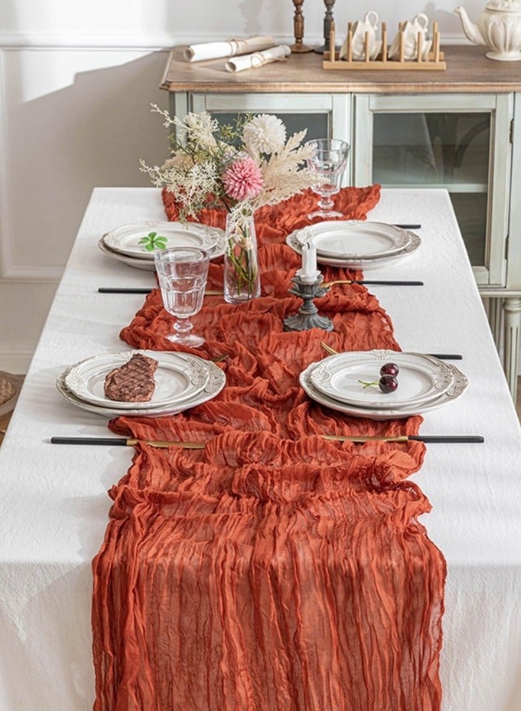 مفرش طاولة من الشاش المطوي بعلم الجبن مقاس 300×90 سم، ديكور حفلات الزفاف، ديكور طاولة حفلات ريفي شفاف بوهو، مفارش طاولة ريفية، مفرش طاولة رملي طويل لحفلات استقبال الزفاف وحفلات الزفاف وحفلات استقبال المولود (برتقالي)