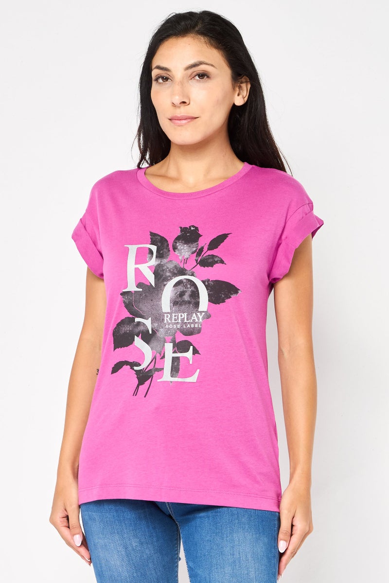Replay Women Crew Neck Short Sleeves Graphic Print T-Shirt, Purple - Image 1