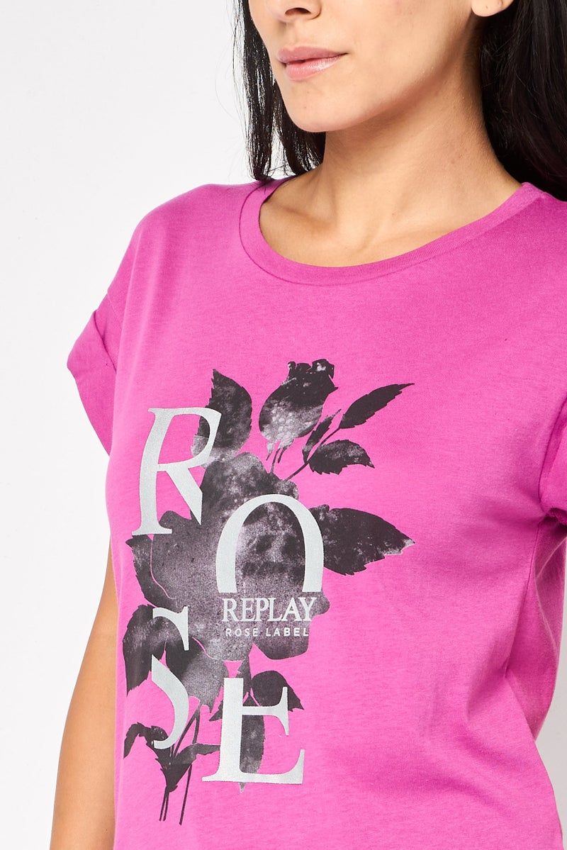 Replay Women Crew Neck Short Sleeves Graphic Print T-Shirt, Purple - Image 4