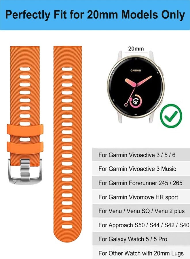 أحزمة ساعات سيليكون مقاس 20 مم لساعات Garmin Forerunner 55 165 245 645، 3 قطع من أحزمة رياضية لساعات Vivoactive 6 و Vivoactive 5 و Venu Sq و Venu Sq 2 و Approach S70 الذكية (أسود + أزرق فاتح + برتقالي) - Image 2