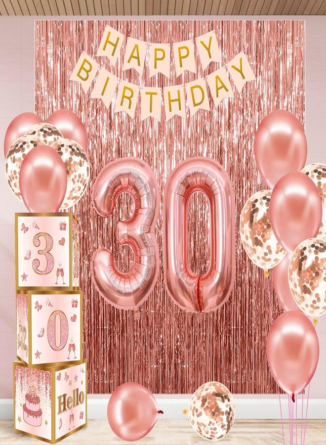RTHPY 30th Birthday Decorations for Her,30 Year Old Boxes Decor for Girls Women Happy 30th Birthday Banner Kits Pink Rose Gold Number 30 Foil Balloons Party Supplies Rose Gold Tassel Curtain - Image 1