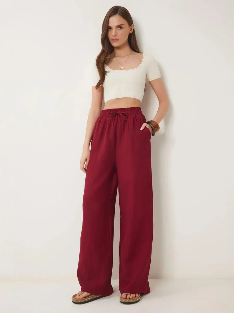 Happiness İstanbul ISTANBUL Wide Leg Drawstring Waist Pants with Binding Detail