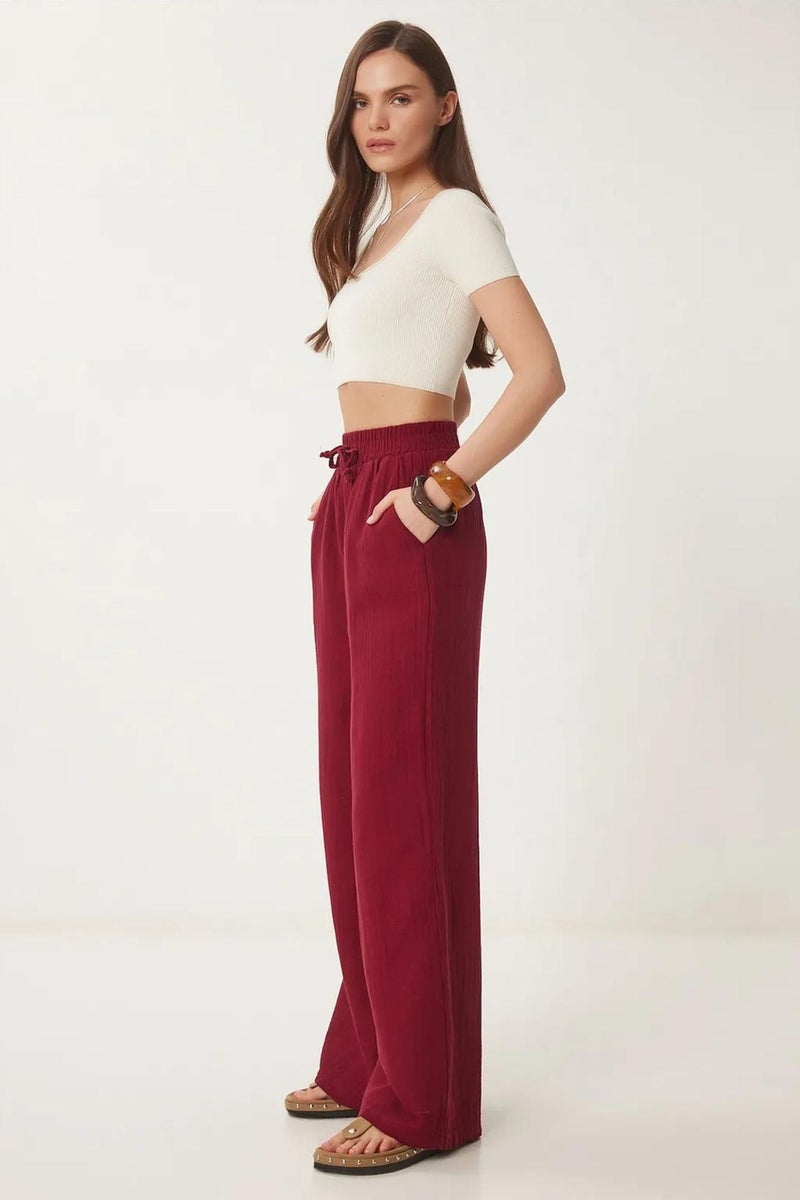 Happiness İstanbul ISTANBUL Wide Leg Drawstring Waist Pants with Binding Detail - Image 3