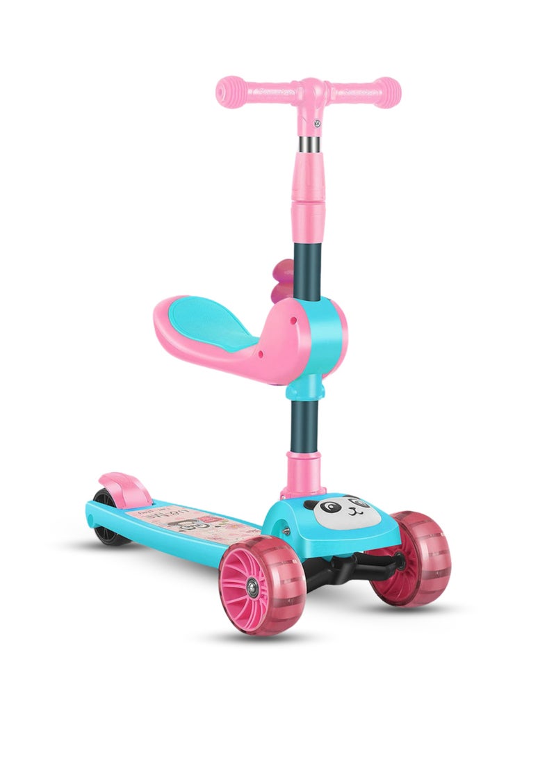 MG - Panda 3 in 1 Kick Foldable Scooter for Kids with Music, LED Lights, Flashing light Wheels, Adjustable Height and Removable Seat,Anti-Slip Deck, Outdoor & indoor For Kids 3 to 8 years, Pink - Image 1