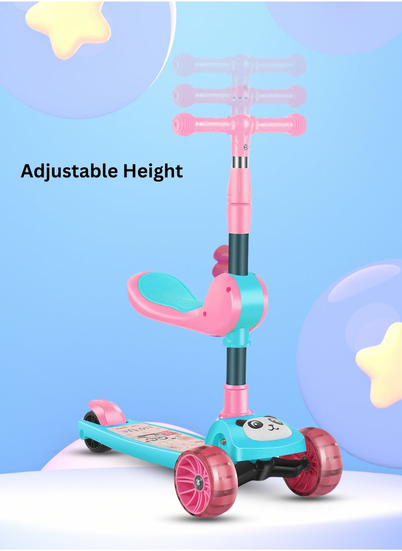 MG - Panda 3 in 1 Kick Foldable Scooter for Kids with Music, LED Lights, Flashing light Wheels, Adjustable Height and Removable Seat,Anti-Slip Deck, Outdoor & indoor For Kids 3 to 8 years, Pink - Image 1