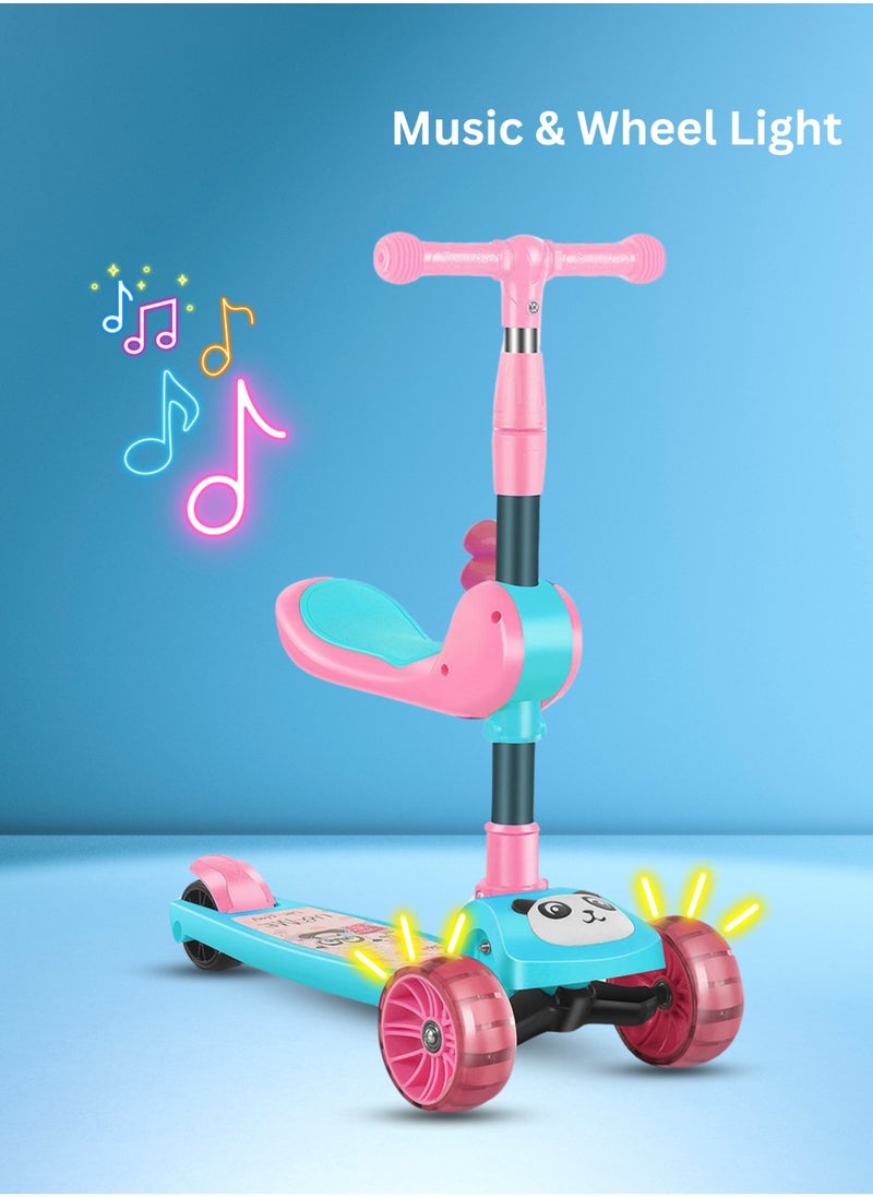 MG - Panda 3 in 1 Kick Foldable Scooter for Kids with Music, LED Lights, Flashing light Wheels, Adjustable Height and Removable Seat,Anti-Slip Deck, Outdoor & indoor For Kids 3 to 8 years, Pink - Image 1