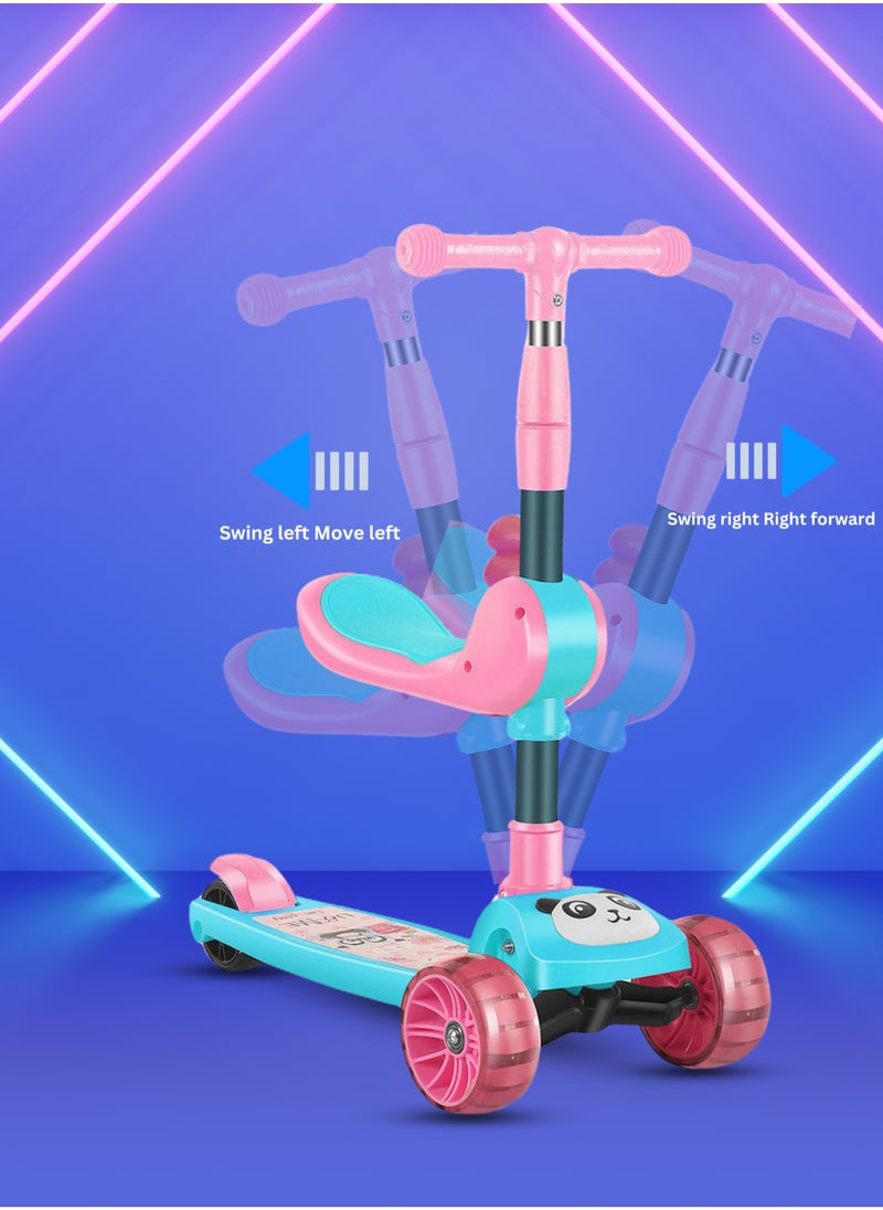 MG - Panda 3 in 1 Kick Foldable Scooter for Kids with Music, LED Lights, Flashing light Wheels, Adjustable Height and Removable Seat,Anti-Slip Deck, Outdoor & indoor For Kids 3 to 8 years, Pink - Image 1
