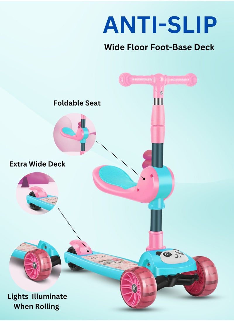 MG - Panda 3 in 1 Kick Foldable Scooter for Kids with Music, LED Lights, Flashing light Wheels, Adjustable Height and Removable Seat,Anti-Slip Deck, Outdoor & indoor For Kids 3 to 8 years, Pink - Image 1