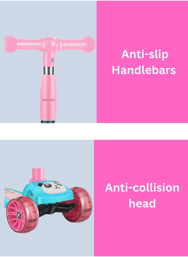 MG - Panda 3 in 1 Kick Foldable Scooter for Kids with Music, LED Lights, Flashing light Wheels, Adjustable Height and Removable Seat,Anti-Slip Deck, Outdoor & indoor For Kids 3 to 8 years, Pink - Image 1