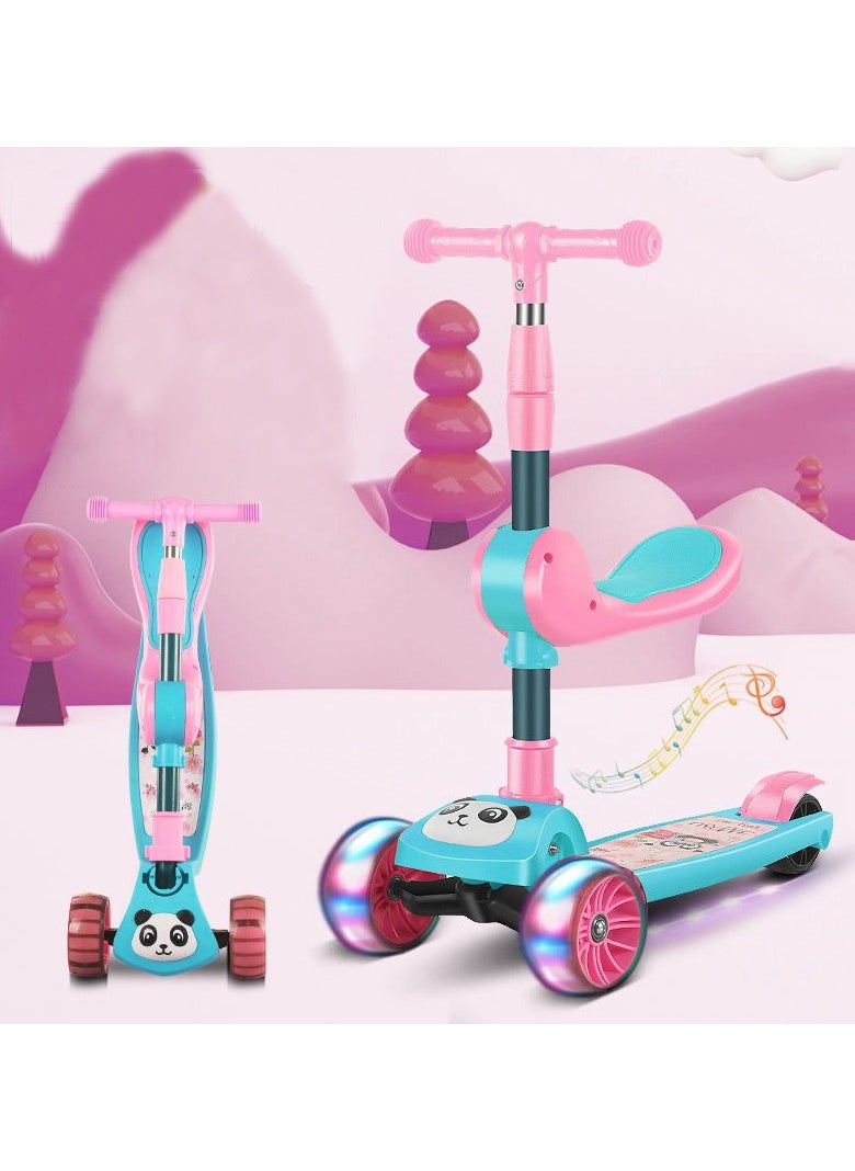 MG - Panda 3 in 1 Kick Foldable Scooter for Kids with Music, LED Lights, Flashing light Wheels, Adjustable Height and Removable Seat,Anti-Slip Deck, Outdoor & indoor For Kids 3 to 8 years, Pink - Image 1
