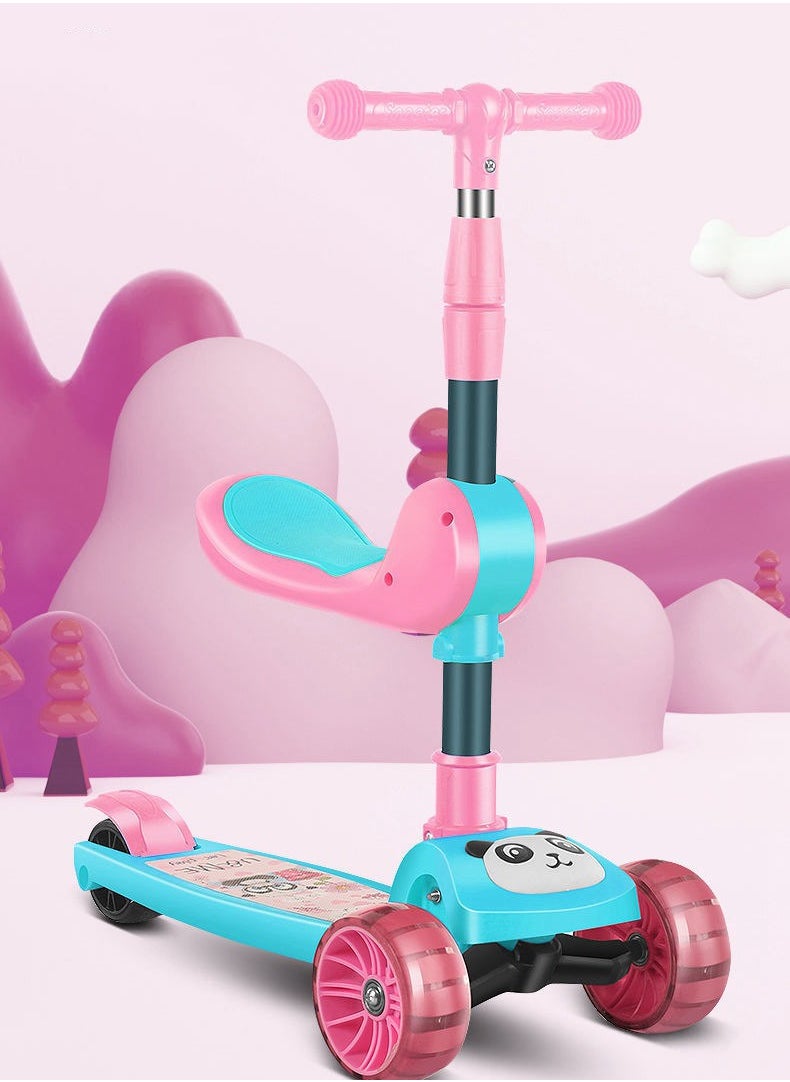 MG - Panda 3 in 1 Kick Foldable Scooter for Kids with Music, LED Lights, Flashing light Wheels, Adjustable Height and Removable Seat,Anti-Slip Deck, Outdoor & indoor For Kids 3 to 8 years, Pink - Image 1