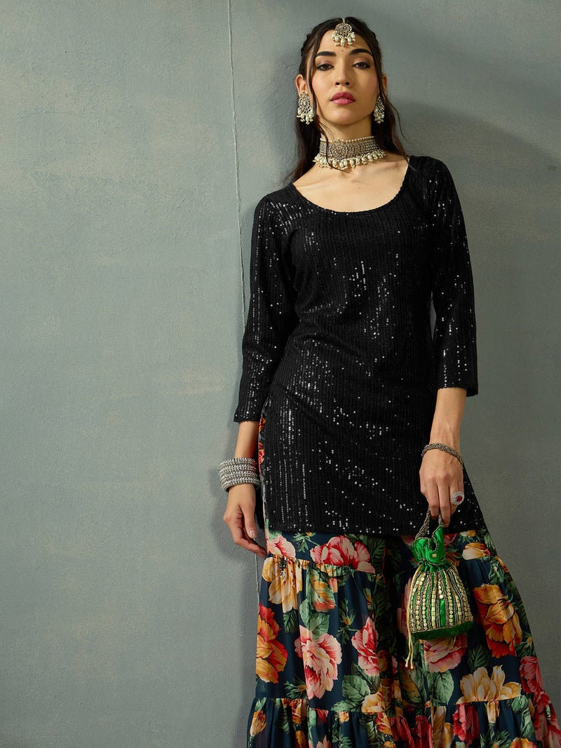 PRASHA Women Black Sequence Short Kurta With Sharara Pants - Image 1