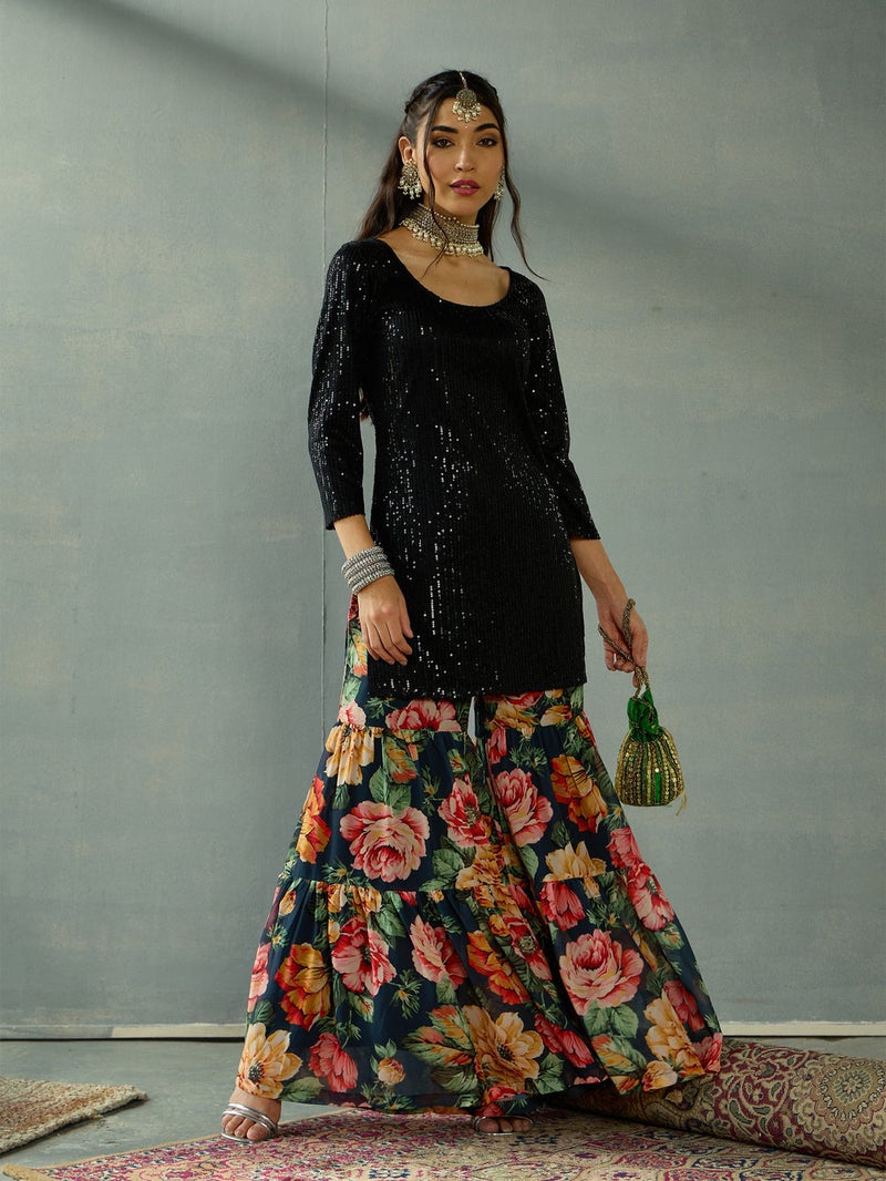 PRASHA Women Black Sequence Short Kurta With Sharara Pants - Image 2