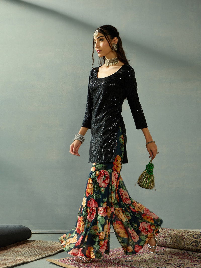 PRASHA Women Black Sequence Short Kurta With Sharara Pants - Image 3
