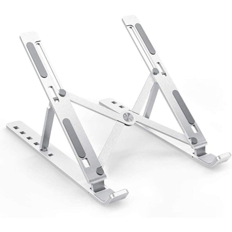 Laptop Stand: Silver Metal Ergonomic Adjustable Foldable Portable Stable Cooling Stand - For Laptop Tablet Use - Image 1
