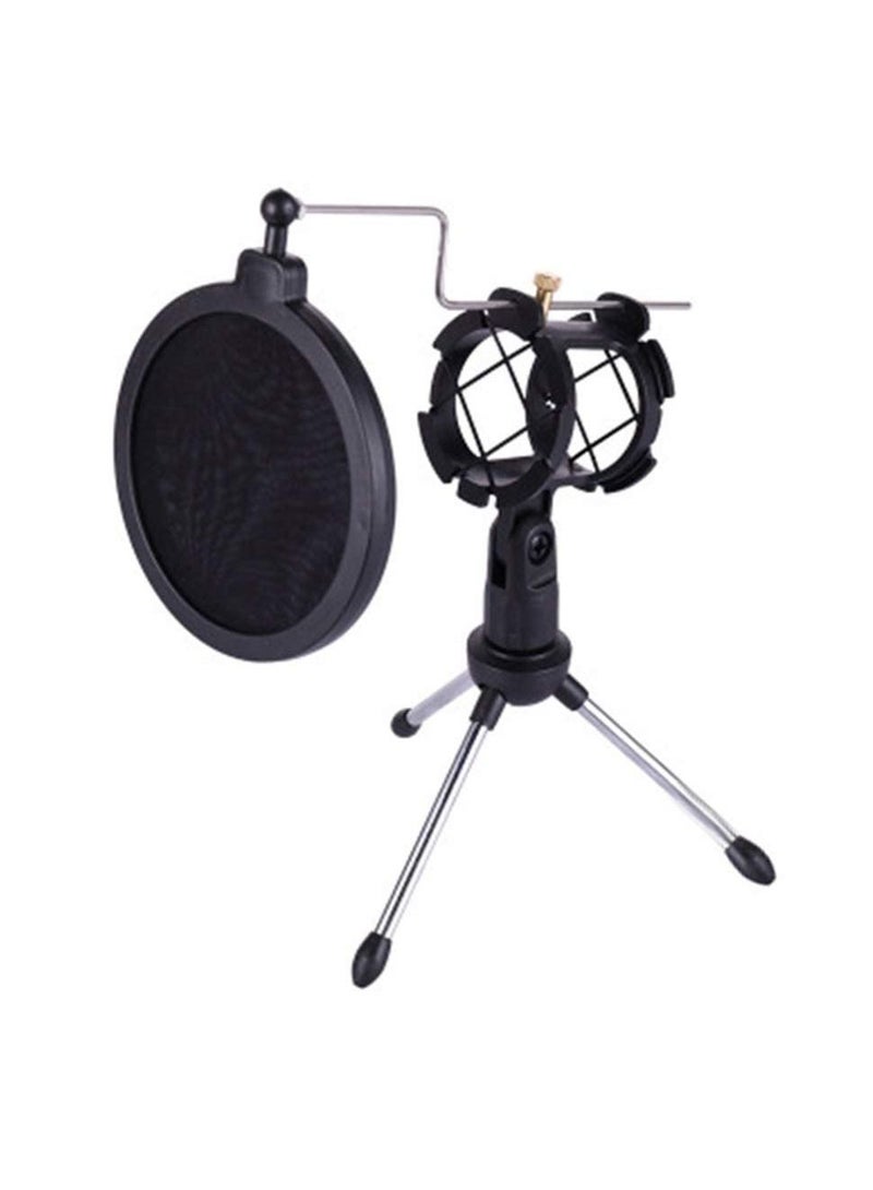 Desktop Microphone Stand Table Plastic Mic Clip TriPod Holder with Pop Filter Double Mesh Screen  - Image 1