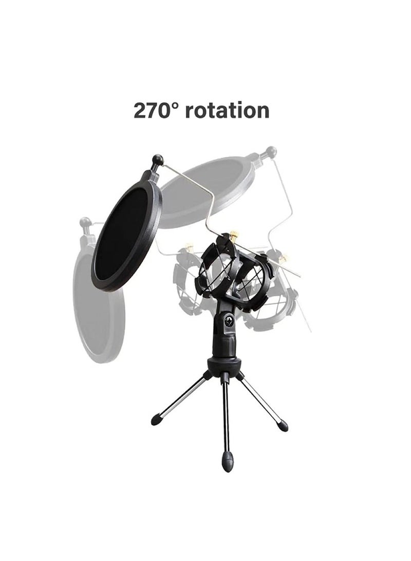 Desktop Microphone Stand Table Plastic Mic Clip TriPod Holder with Pop Filter Double Mesh Screen  - Image 3