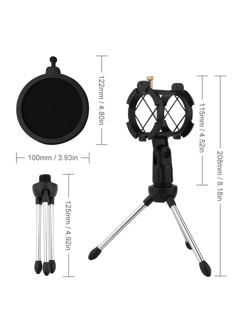 Desktop Microphone Stand Table Plastic Mic Clip TriPod Holder with Pop Filter Double Mesh Screen  - Image 2