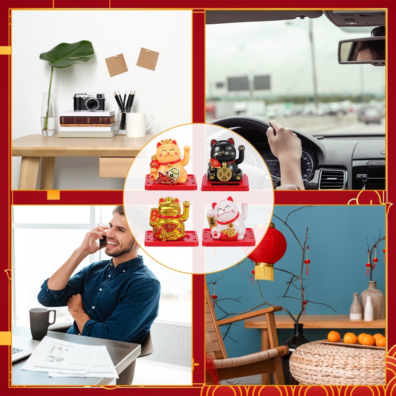 Wovnet 4 Pcs 2" Lucky Cat Waving Arm Maneki Neko Solar Lucky Cat Feng Shui Fortune Wealth Chinese Welcoming Window Car Dashboard Car Decor(Cute) - Image 4