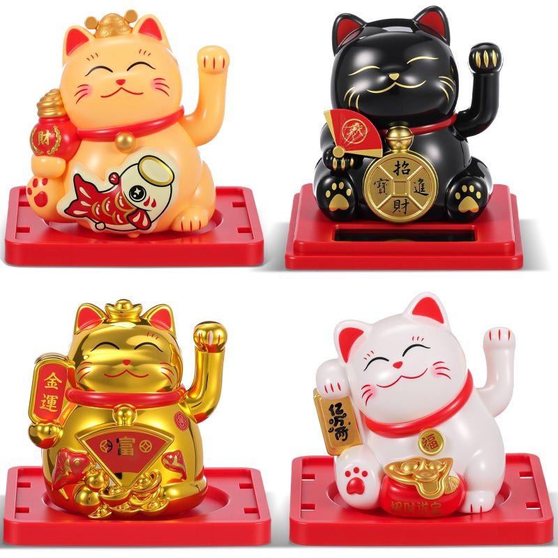Wovnet 4 Pcs 2" Lucky Cat Waving Arm Maneki Neko Solar Lucky Cat Feng Shui Fortune Wealth Chinese Welcoming Window Car Dashboard Car Decor(Cute) - Image 1