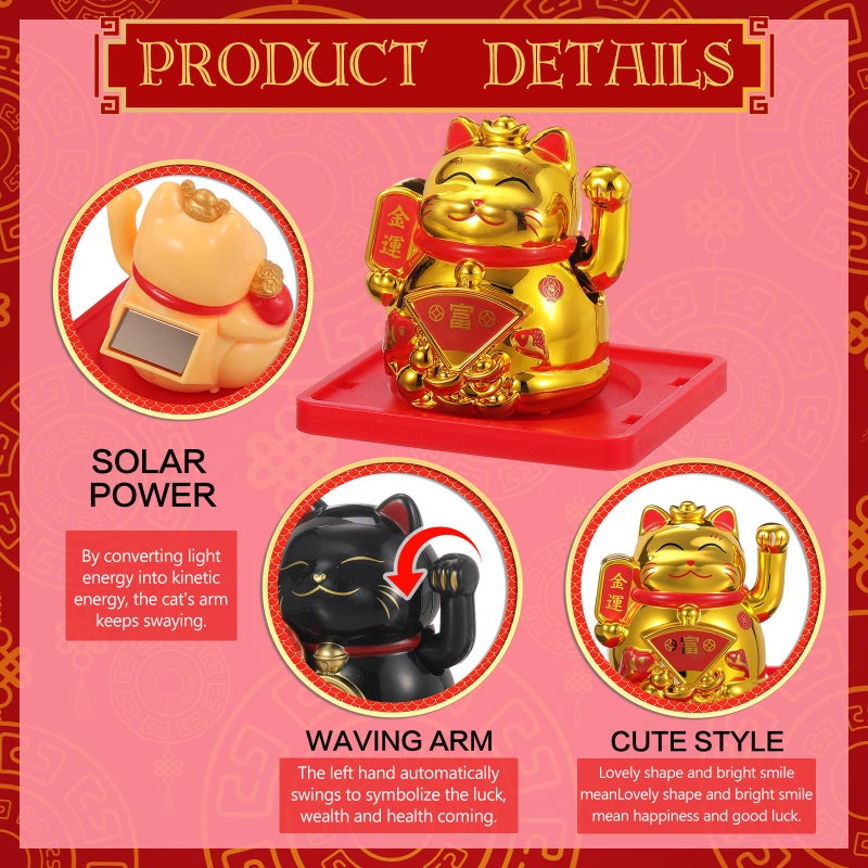 Wovnet 4 Pcs 2" Lucky Cat Waving Arm Maneki Neko Solar Lucky Cat Feng Shui Fortune Wealth Chinese Welcoming Window Car Dashboard Car Decor(Cute) - Image 3