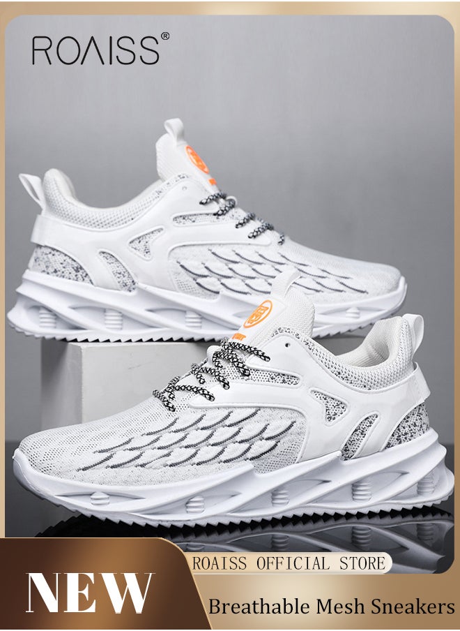 roaiss - New Men Flyknit Mesh Running Shoes Comfort Breathable Elastic Sole Sneakers Mens Outdoor Non Slip Jogging Sport Shoes Trendy Casual Lightweight Walking Shoes White - Image 1