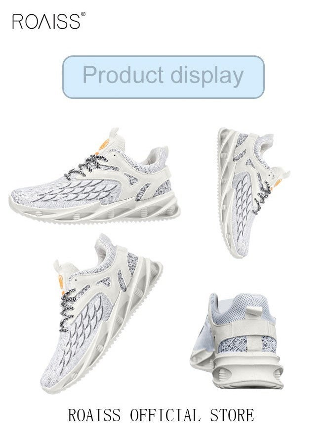 roaiss New Men Flyknit Mesh Running Shoes Comfort Breathable Elastic Sole Sneakers Mens Outdoor Non Slip Jogging Sport Shoes Trendy Casual Lightweight Walking Shoes White  - Image 4